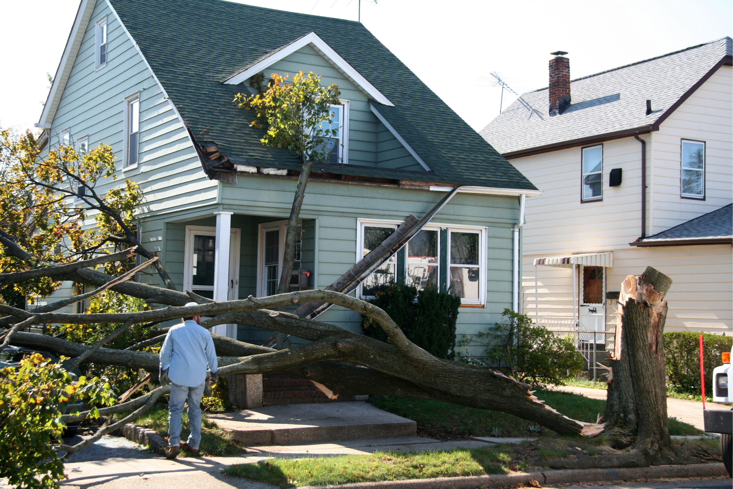 A home damaged in a storm by a fallen tree.